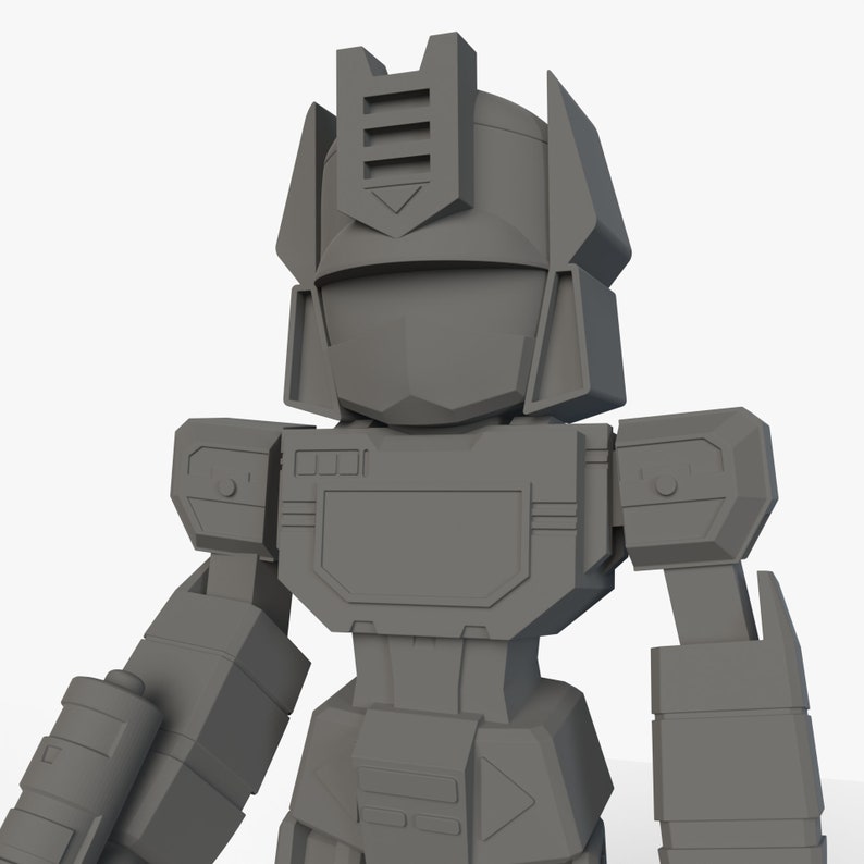 Stylized blocky robot model carrying a blaster